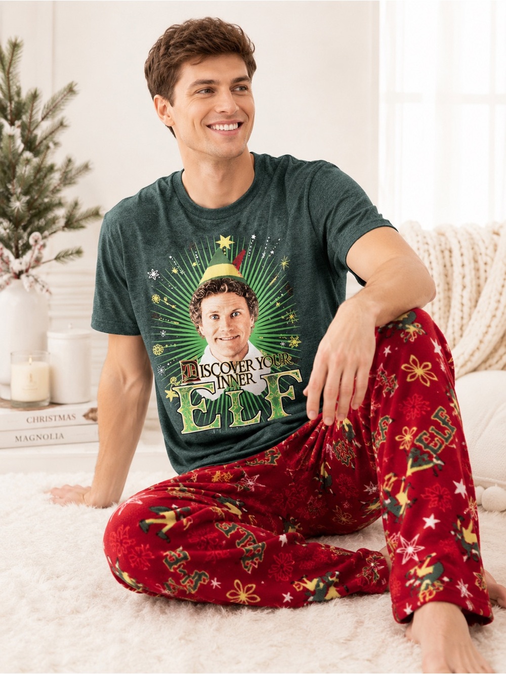 Elf Mens 2-Piece Dark Green & Red Christmas Holiday Pajama Set Medium